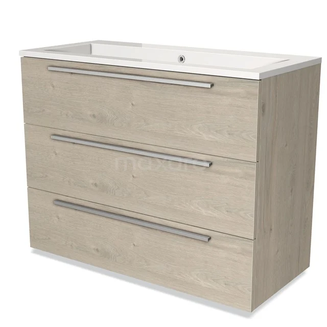 Wood-look vanity unit with 3 drawers, light oak colour, integrated basin, modern design for the bathroom.
