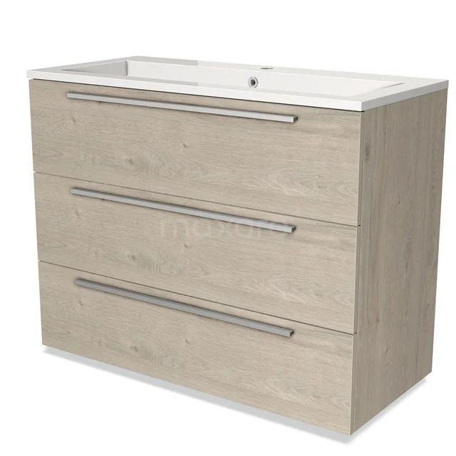 Wooden bathroom unit with three drawers, light oak finish and integrated vanity units with basin, ideal for modern bathrooms.