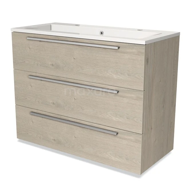 Wooden bathroom unit with three drawers and white basin, modern design, suitable for stylish bathroom decoration.
