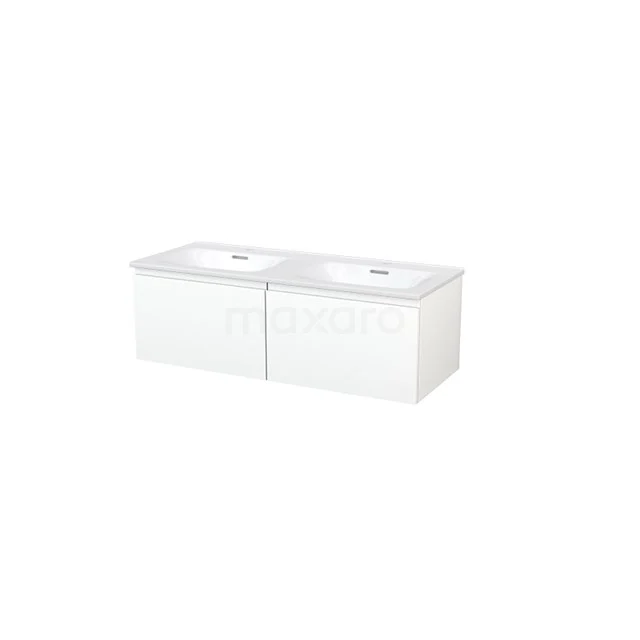 Modulo+ Vanity units with basin | 120 cm Matte white Handle-less front Ceramic 2 Side-by-side drawers BMP004741 White double basin with base cabinet, minimalist design, ideal for modern bathrooms, made of durable materials.