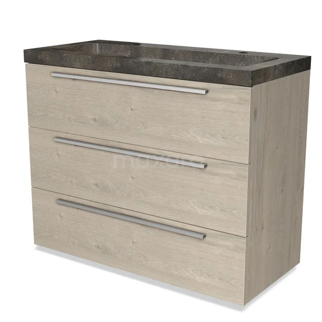 Wooden bathroom unit with taupe concrete-look basin, three drawers, and metal handles; sleek design for modern bathrooms.