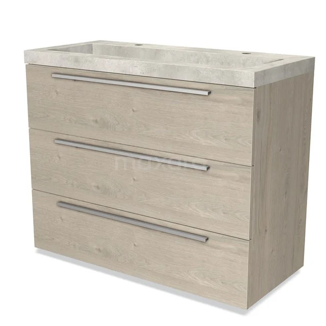 Wooden bathroom unit with three drawers, light Oak colour and modern metal handles, including marble basin worktop.