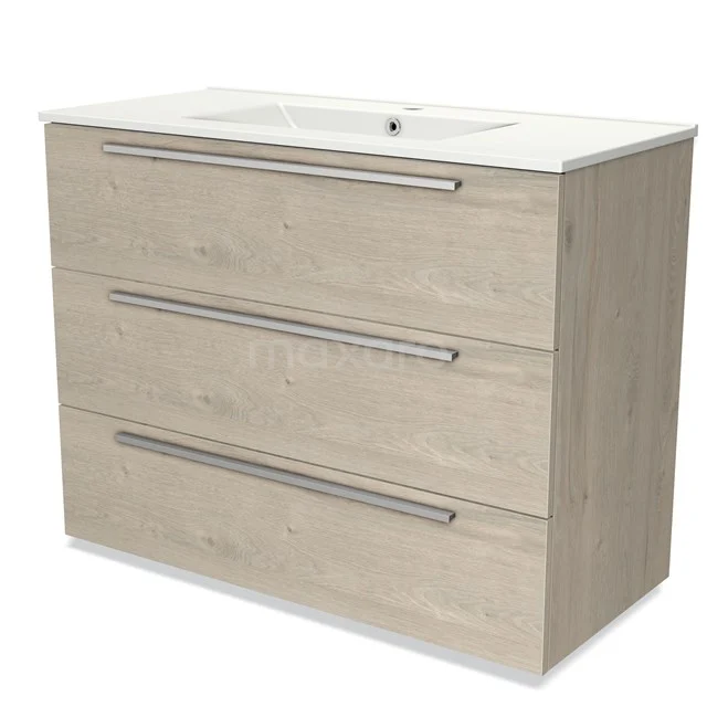 Holz Badezimmermöbel mit drei Schubladen, heller Eiche Oberflächenbehandlung und eingebautem weißen Waschbecken, schlankes modernes Design.