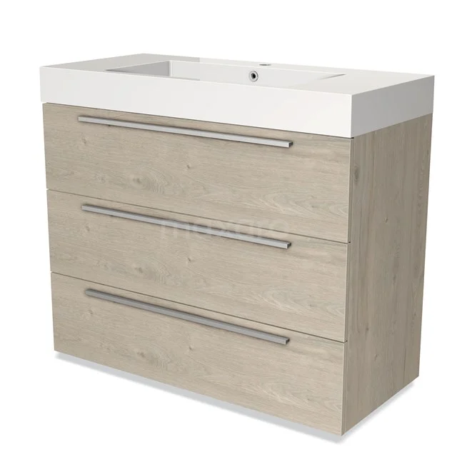 Wooden bathroom unit with basin, light oak finish and three wide drawers with metal handles. Modern and functional design.