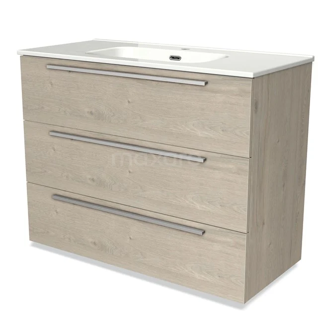 Wooden vanity unit with three drawers and white ceramic basin, ideal for modern bathroom storage.