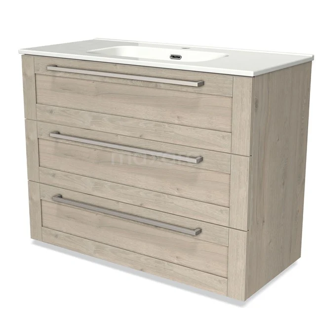 Wooden vanity unit with three drawers, light oak look, integrated basin and chrome handles for modern bathrooms.