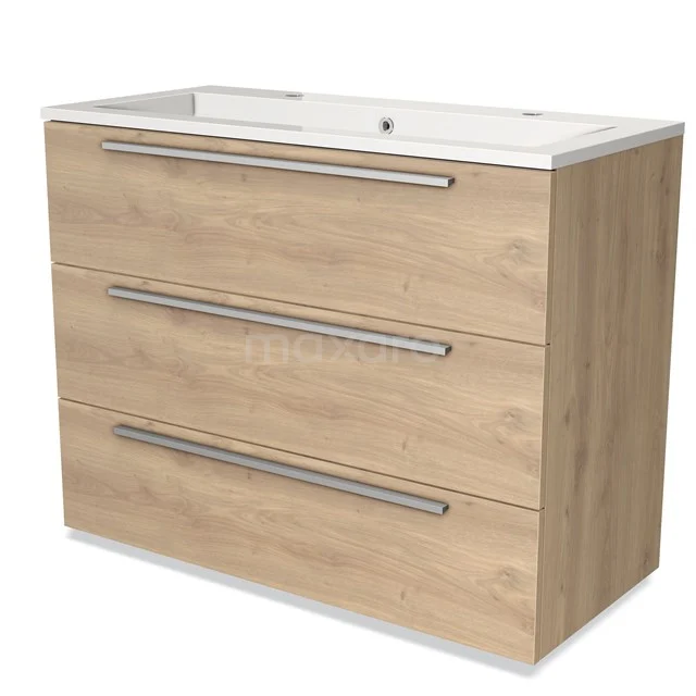 Bathroom unit wood-look, wide model with three drawers and integrated basin, ideal for modern bathroom storage.