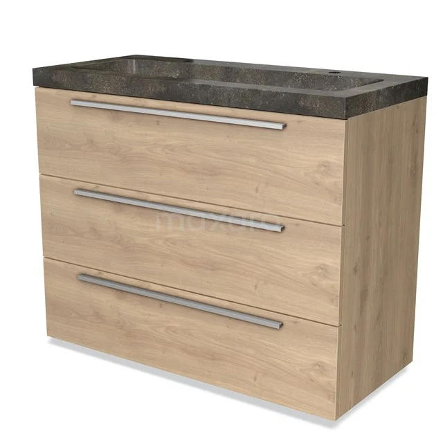 Wooden bathroom unit with three drawers, natural oak look and dark grey stone basin worktop.