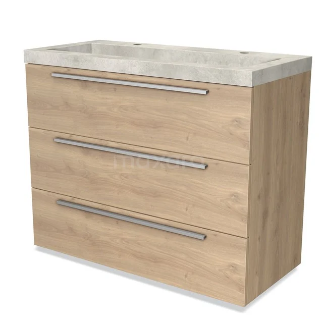 Wooden vanity unit with three drawers, light oak colour, metal handles and natural stone worktop, ideal for any bathroom.