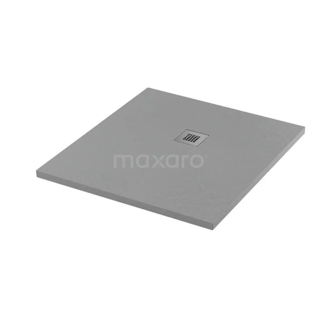 Viereckige graue Duschplatte aus Verbundmaterial mit zentralem Ablasspunkt, geeignet für moderne Badezimmergestaltung.