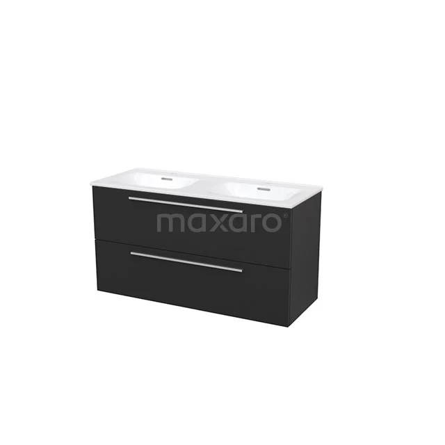 Modulo+ Bathroom furniture with sink | 120 cm Carbon Flat front Ceramic 2 Stacked drawers BMP004748 Black vanity unit with double basin, sleek design, two drawers and chrome handles. Perfect for a modern bathroom.