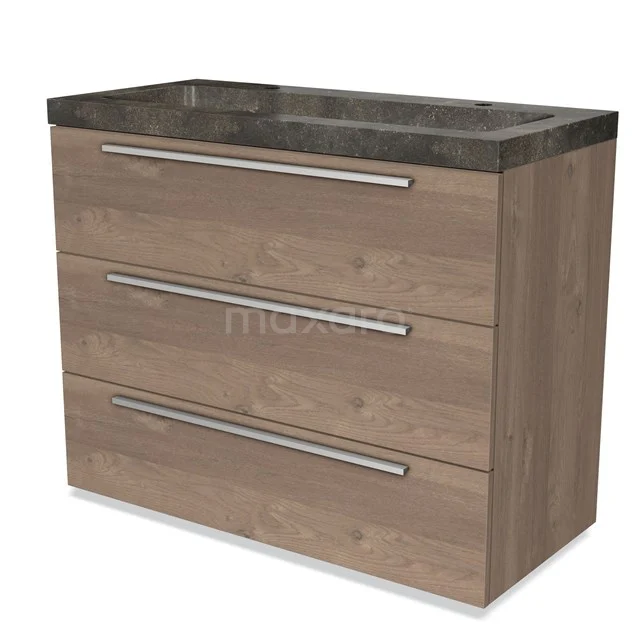 Houten badkamerkast met drie lades, grijs stenen wastafelblad, modern design, ideaal voor stijlvolle badkameropslag.