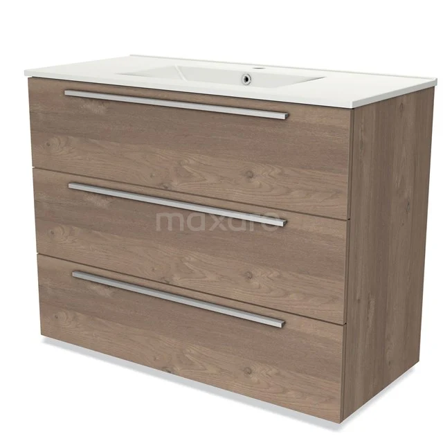 Houten badkamermeubel met drie brede lades en wit wastafelblad, modern design en strak afgewerkte handgrepen.