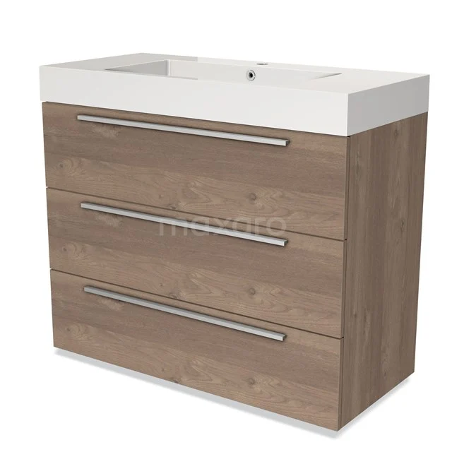 Houten wastafelmeubel met drie lades, natuur eikenlook, inclusief witte keramische wastafel voor moderne badkamerinrichting.