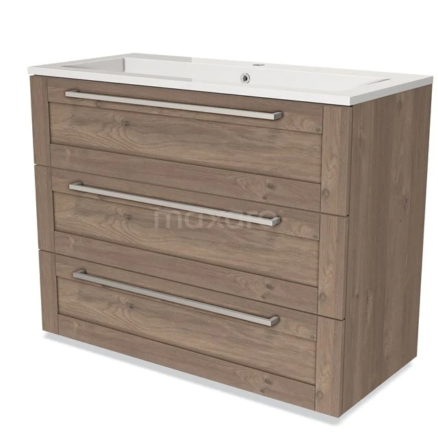 Modulo Waschtische | 100 cm Mittelbraune Eiche Rahmen front Mineralguss 3 Schubladen BMW19-01018 Holz Badezimmermöbel mit 3 Schubladen, modernes Design, metallene Haltegriffe und keramisches Waschbecken, perfekt für jedes Badezimmer.