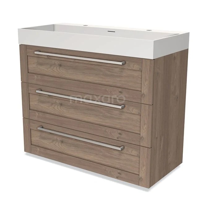 Wooden bathroom unit with 3 drawers, natural oak look, white vanity units with basin and sleek metal handles, modern and practical design.