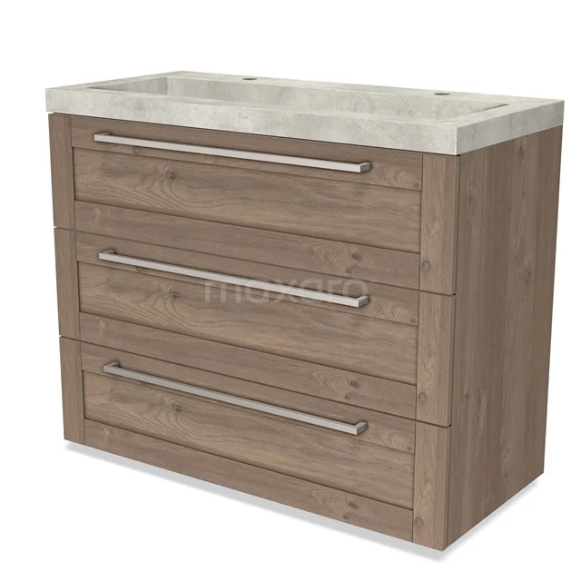 Holz Badezimmermöbel mit drei Schubladen, rostfreien Haltegriffen und einer weißen Marmor Waschtischplatte, modernes und stilvolles Design.