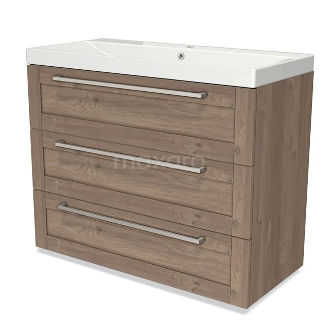 Modulo Bathroom furniture with sink | 100 cm Mid brown oak Frame front Ceramic 3 drawers BMW19-01028 Wooden bathroom unit with a ceramic vanity unit with basin, three wide drawers and metal handles, ideal for stylish storage.