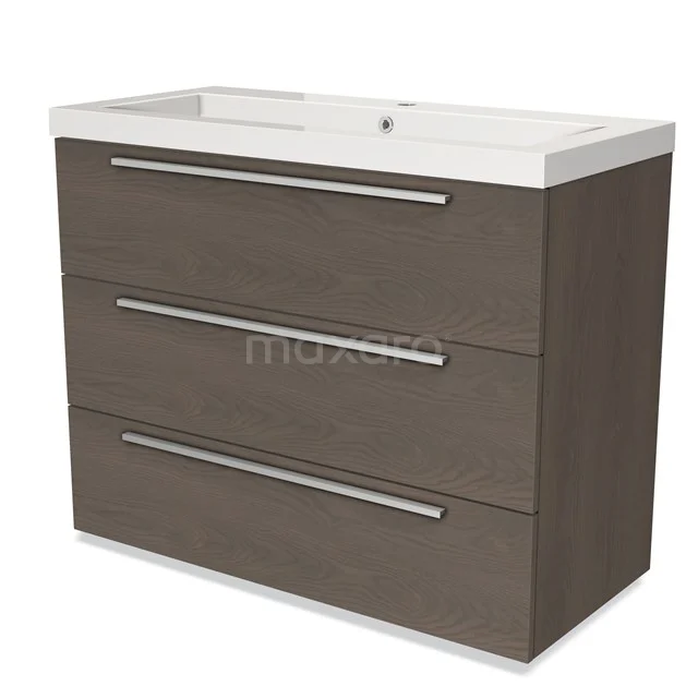 Modern wooden bathroom furniture set with three drawers, wenge colour, and a sleek white ceramic basin worktop.