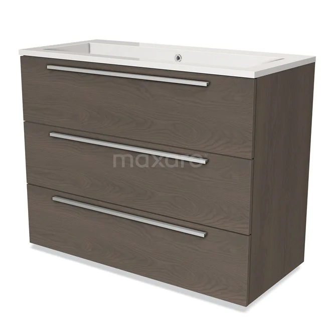 Wooden bathroom unit with white basin, three drawers and metal handles, modern design in dark oak look.