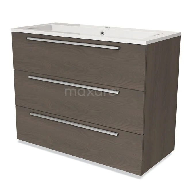 Modulo Vanity units with basin | 100 cm Dark brown oak Flat front Mineral marble 3 drawers BMW19-01038