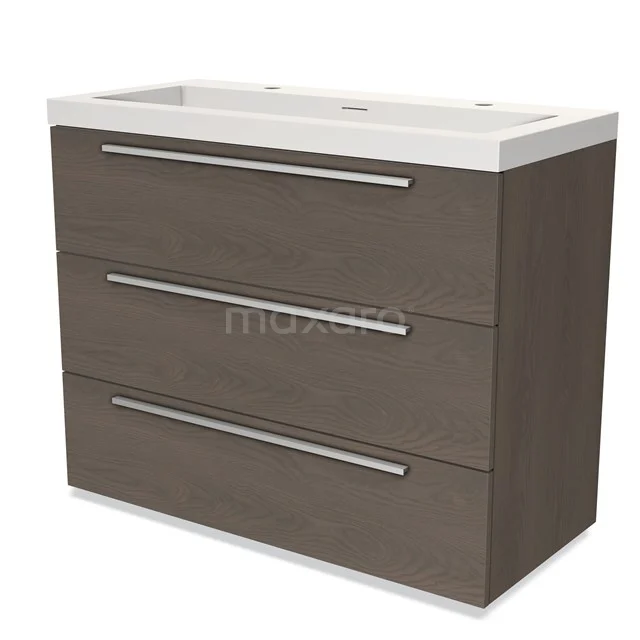 Brown wooden vanity unit with three drawers and a white ceramic worktop, ideal as stylish bathroom storage.