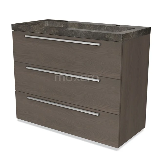 Moderne Badmöbelset, Grau Holz mit marmoriertem Waschbecken, ausgestattet mit drei geräumigen Schubladen und schlanken Haltegriffen.