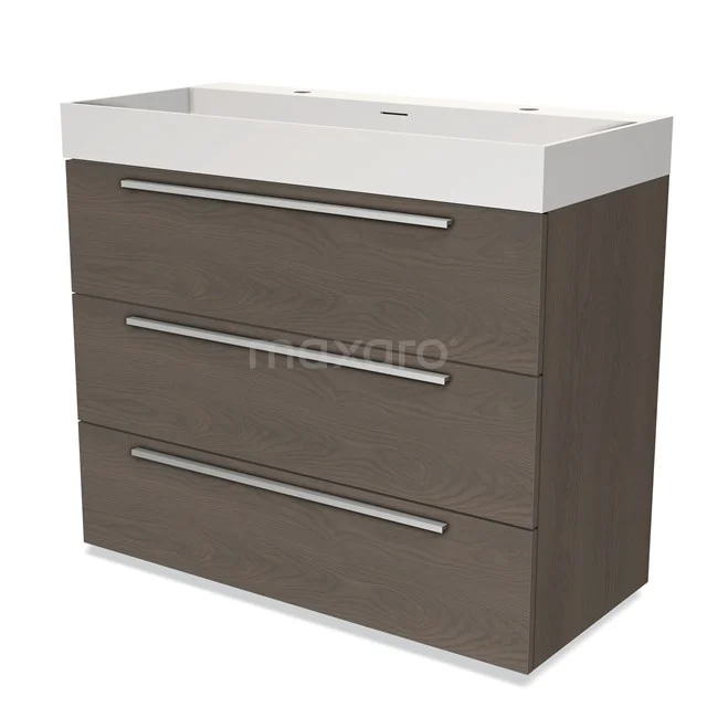 Wooden bathroom unit with three drawers, brown material, white basin worktop, sleek design, ideal for modern bathrooms.