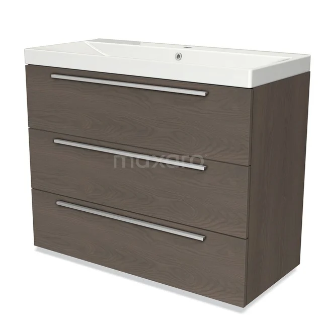 Modulo Vanity units with basin | 100 cm Dark brown oak Flat front Ceramic 3 drawers BMW19-01048