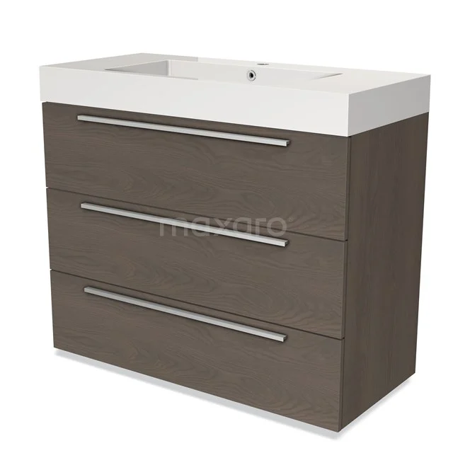 Wooden bathroom unit with three drawers, brown finish and white vanity units with basin, modern design.