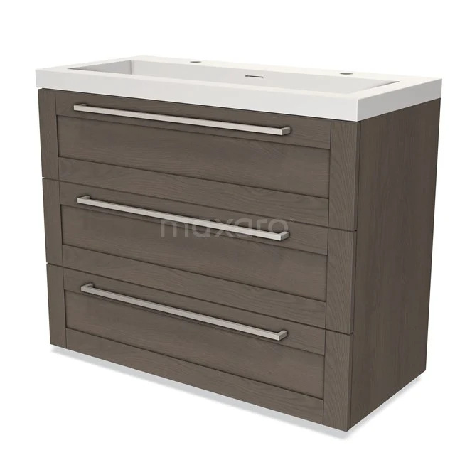 Modulo Vanity units with basin | 100 cm Dark brown oak Frame front Solid surface 3 drawers BMW19-01060 Wooden bathroom unit with three drawers, dark brown, sleek handles and a white ceramic basin, ideal for a modern bathroom.