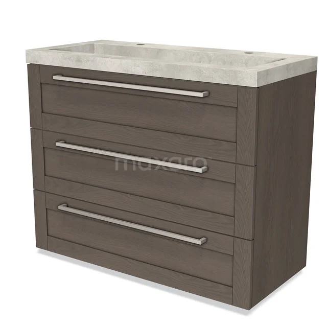 Wooden bathroom unit with three drawers, anthracite-coloured and fitted with a natural stone basin, modern and sleek design.