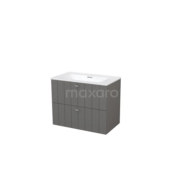 Modulo+ Vanity units with basin | 80 cm Basalt Slat front Ceramic 2 Stacked drawers BMP004756 Grey bathroom cabinet with two drawers, ceramic basin and subtle wood grain structure, ideal for modern bathroom storage.