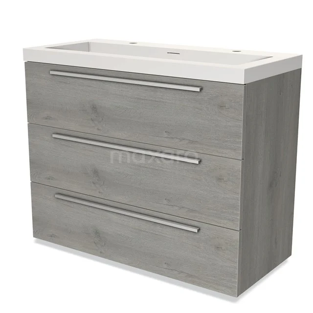 Modulo Bathroom furniture with sink | 100 cm Grey oak Flat front Solid surface 3 drawers BMW19-01080 Grey wooden Bathroom unit with basin, three drawers and sleek handles, ideal for modern bathrooms.
