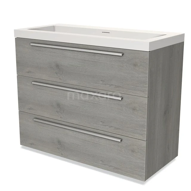 Grey wooden vanity units with basin, three drawers and metal handles, ideal for modern bathroom storage.