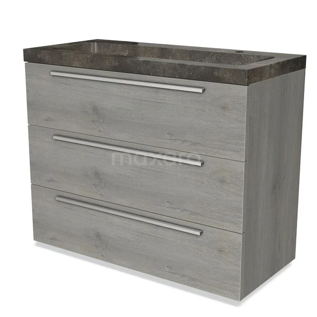 Modulo Vanity units with basin | 100 cm Grey oak Flat front Natural stone 3 drawers BMW19-01083 Grey wooden bathroom unit with three drawers and dark top, modern design, ideal for stylish bathroom storage.