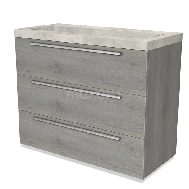 Grey bathroom cabinet with three drawers, wood-look finish and integrated handles, ideal for modern bathroom storage.