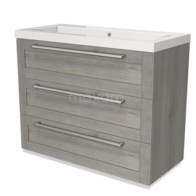 Grey bathroom unit with sink, wood-look design, three drawers with metal handles, ideal for stylish bathroom storage.