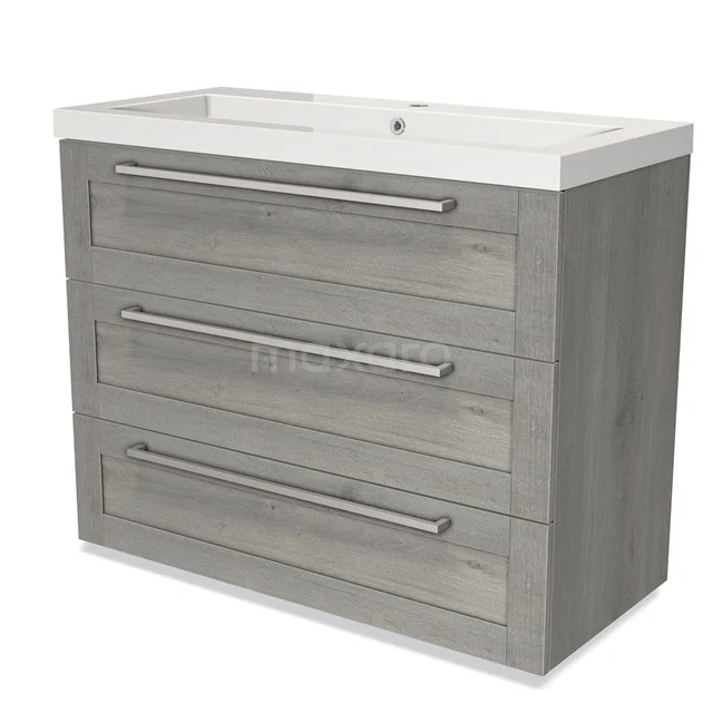 Grey wooden bathroom unit with three drawers, Stainless steel handles and white sink, ideal for modern bathroom design.