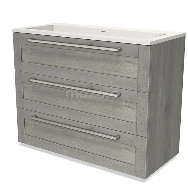 Grey wooden bathroom cabinet with three drawers and a white basin; modern design for stylish bathroom storage.