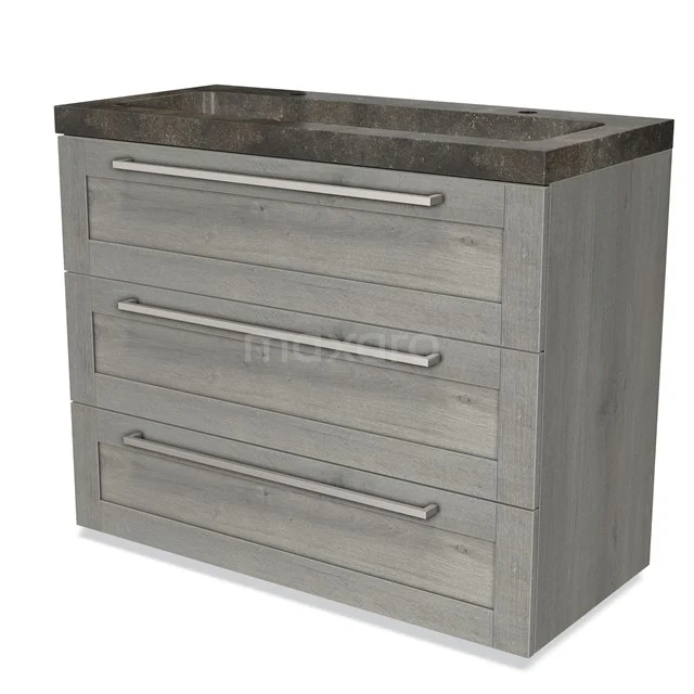 Grey wooden bathroom cabinet with three drawers and a dark stone basin, modern look and sleek design.