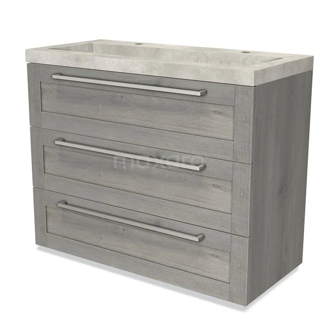 Modulo Bathroom furniture with sink | 100 cm Grey oak Frame front Concrete 3 drawers BMW19-01107 Grey wooden bathroom cabinet with three drawers and integrated basin, modern design ideal for stylish bathroom storage.