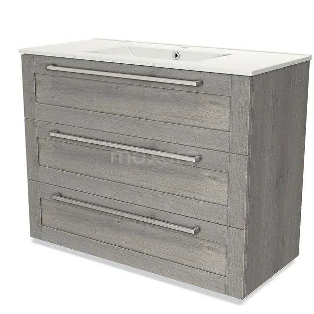 Grey wooden bathroom unit with three drawers and a white vanity units with basin, modern design with metal handles.