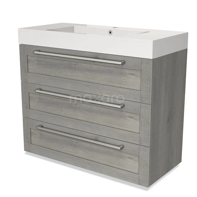 Grey wooden bathroom cabinet with three drawers, modern stainless steel handles and a white basin for stylish bathroom storage.