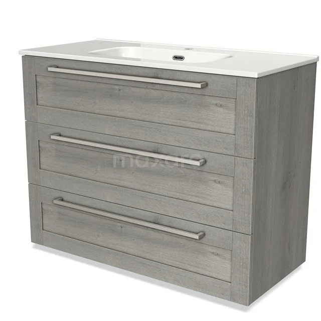 Modulo Vanity units with basin | 100 cm Grey oak Frame front Ceramic 3 drawers BMW19-01112 Grey wooden bathroom unit with three drawers and a white ceramic basin, ideal for modern bathroom storage.