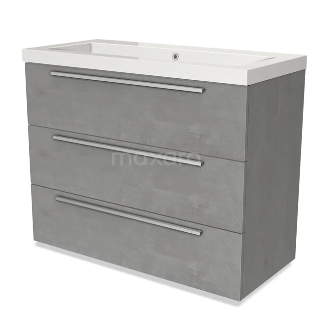 Grey bathroom cabinet with ceramic basin, three drawers and sleek design, ideal for modern bathroom storage.