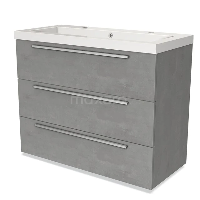Grey bathroom cabinet with three drawers, modern design, featuring a white basin; perfect for elegant bathroom storage.