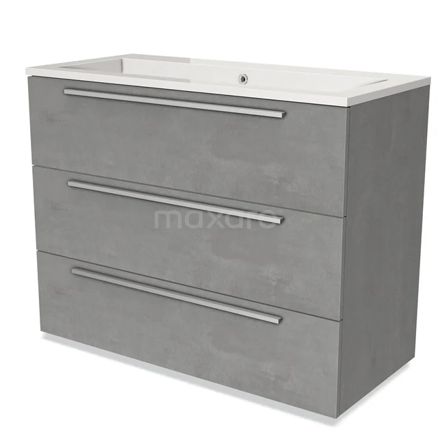 Grey bathroom furniture set with integrated basin, three spacious drawers and a modern concrete-look finish.