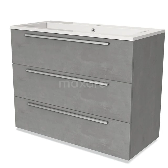 Grey bathroom furniture set with three drawers, concrete-look finish and integrated basin, modern and stylish design.