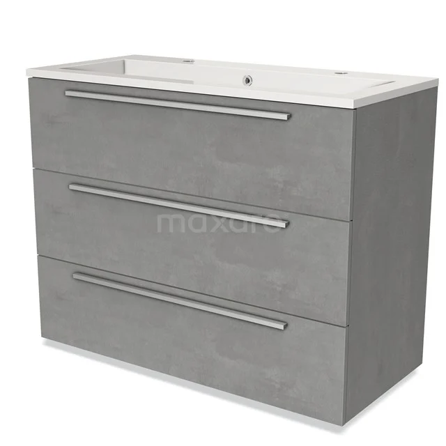 Grey bathroom furniture set with three drawers, sleek aluminium handles, including ceramic basin, modern design.